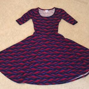 LuLaRoe Fit and Flare Red and Blue Dress with Scoop Neck